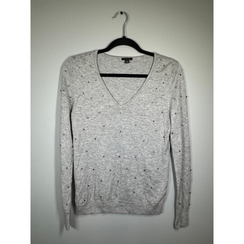 Ann Taylor Gray Rhinestone V-Neck Sweater